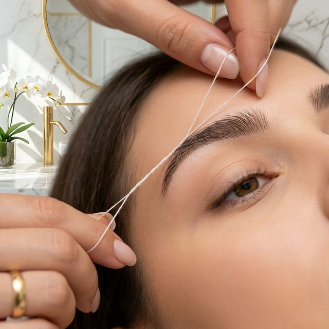Client receiving precise eyebrow threading for a festival look